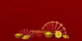 Chinese new year banner with podium and Chinese ingot and coin