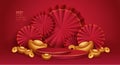 3D illustration Chinese New Year red and golden theme product display background.