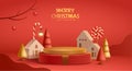 3D illustration of Christmas red and golden theme product display background with Christmas festive decoration and podium Royalty Free Stock Photo