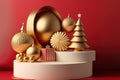 3D illustration of Christmas red and golden theme product display background with Christmas festive decoration and podium Royalty Free Stock Photo