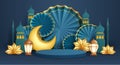 3D illustration of classic blue Muslim Islamic festival theme product display background with crescent moon and Islamic