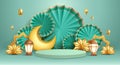 3D illustration of classic teal Muslim Islamic festival theme product display background with crescent moon and Islamic