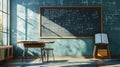 A 3D illustration of a classroom chalkboard filled with equations, accompanied by an open book in front, Generated AI Royalty Free Stock Photo
