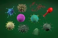 3d illustration, close up of microscope Virus -Influenzal, Bacteriophage, Adoeno, Hepatitis B, Ebola and Rabies Virus