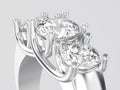 3D illustration close up white gold or silver three stone diamond ring Royalty Free Stock Photo