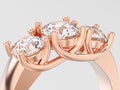 3D illustration closeup rose gold three stone diamonds ring Royalty Free Stock Photo