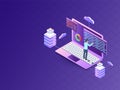3D illustration of cloud servers connected with laptop, programmer fix the problem on purple background for Data Management