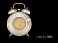 3d Illustration of coffee cup time clock concept design background, isolated black