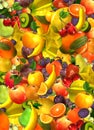 Collage of many different superimposed fruits in different colors