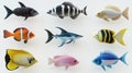 3d illustration of collection of 12 different types of fish Royalty Free Stock Photo