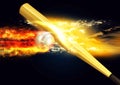 3d illustration of colliding baseball ball and baseball bat combined with fire and explosion effects