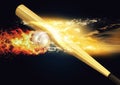 3d illustration of colliding baseball ball and baseball bat combined with fire and explosion effects