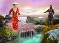 3D Illustration of colorful Asian Waterfall Scene with ninja woman