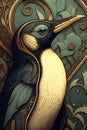 3D illustration of a colorful penguin with ornamental background.