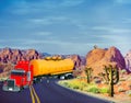 3D Illustration of colorful tanker truck traveling across desert highway