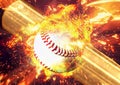 3D illustration that combines the effects of explosions on a collision baseball ball and bat
