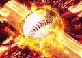 3D illustration that combines the effects of explosions on a collision baseball ball and bat