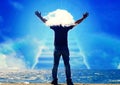 3d illustration combining clouds with the silhouette of a man standing with his hands outstretched Royalty Free Stock Photo