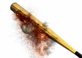 3d illustration of colliding baseball ball and bat composite with explosion effect