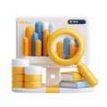 3D illustration of a computer screen with bar graph, magnifying glass, books, and stacked coins Royalty Free Stock Photo