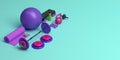 3d illustration of the concept of female training workout equipment . Fitness ball, weight, dumbbells, water bottle