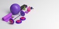 3d illustration of the concept of female training workout equipment . Fitness ball, weight, dumbbells, water bottle