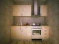 3d illustration of the concept of a small kitchen in an apartment for renting. Mini kitchen in a small apartment