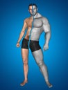 3D strong young male man bodybuilder vs underweight thin on blue background