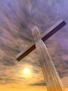 3D illustration conceptual wood cross or religion symbol shape over a sunset sky with clouds background