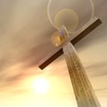 3D illustration wood cross or religion symbol shape over a sunset sky with clouds background Royalty Free Stock Photo