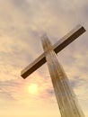 3D illustration wood cross or religion symbol shape over a sunset sky with clouds background Royalty Free Stock Photo