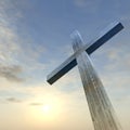 3D illustration  wood cross or religion symbol shape over a sunset sky with clouds background Royalty Free Stock Photo