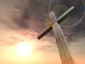 3D illustration conceptual wood cross or religion symbol shape over a sunset sky with clouds background