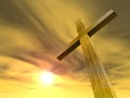 3D illustration conceptual wood cross or religion symbol shape over a sunset sky with clouds background