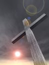 3D illustration conceptual wood cross or religion symbol shape over a sunset sky with clouds background