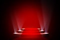 3D illustration of concert stage theater with flood lights and red carpet on 3d podium base,an abstract empty floor showcase spotl