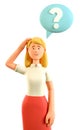 3D illustration of confused thinking beautiful blonde woman scratching her head. Close up portrait of pensive businesswoman