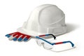 3d illustration construction helmet, working gloves, safety glasses. Isolated. Red and blue