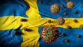 COVID-19 Coronavirus Molecules on Swedish Flag - Health Crisis with Rise in COVID Cases - Sweden Virus Pandemic Royalty Free Stock Photo