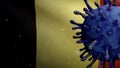 3D illustration coronavirus over Belgian flag. Belgium pandemic Covid19. Europe Royalty Free Stock Photo