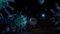 3D illustration coronavirus over plane parked at international airport on night