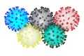 3D illustration of the coronavirus sars-cov-2 and the olympic rings