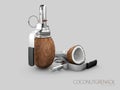 3d Illustration of cracked coconut grenade, isolated on gray background