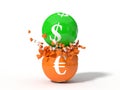 3d illustration of crashing dollar and euro currency balls.