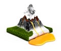 3d illustration. Crater mountain volcano, grass and eruption lava, hot natural eruption