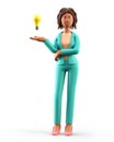 3D illustration of creative african american woman with bulb over hand. Cartoon smiling businesswoman generating new good ideas.