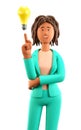 3D illustration of creative african american woman pointing finger at the bulb. Businesswoman generating ideas