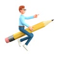 3D illustration of creative man flying in air on a big pencil and pointing at direction. Cartoon businessman, isolated on white Royalty Free Stock Photo