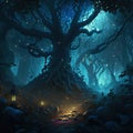 3d illustration of a creepy dark forest with glowing trees and neon lights AI generated Halloween ai Royalty Free Stock Photo