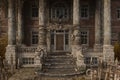 3D illustration of a creepy old mansion house entrance with human bones on the stone columns and steps